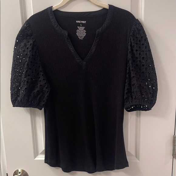 Nine West Tops - Nine West Black and Silver Puff Sleeve Embellished Blouse